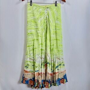 Vintage Womens Lime Green Maxi Skirt Scenic Novelty Print Beach Town Sailboats